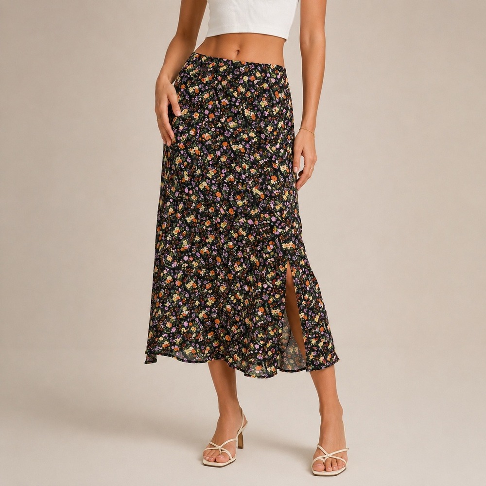 New Look Sz 6 Maxi Skirt Dark Floral Black Ditzy Print Elastic Waist Whimsigoth